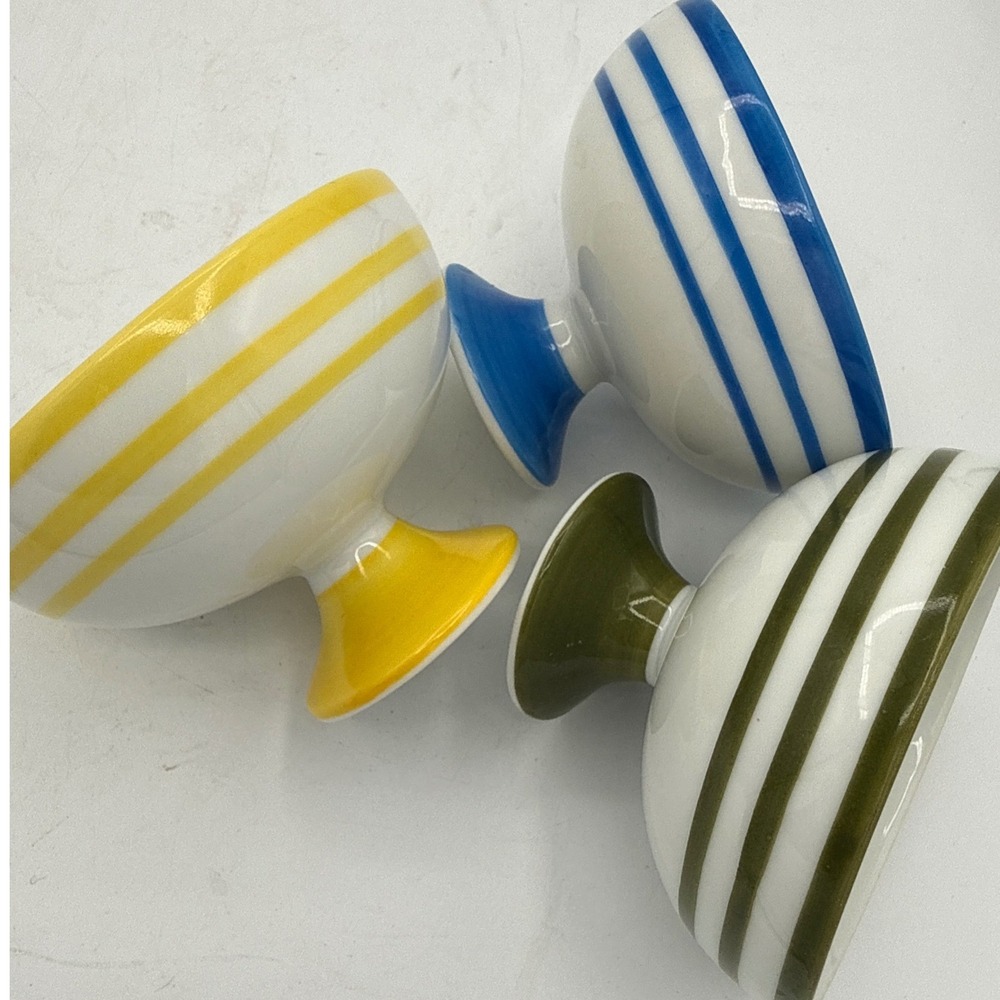 Vintage Jonas Roberts Candy Stripe Footed Dessert Bowls Set 3 Japan MCM Ceramic
